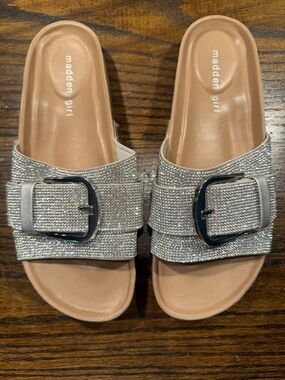 Madden Girl Silver Rhinestone Buckle Slide Sandals with Tan Footbed